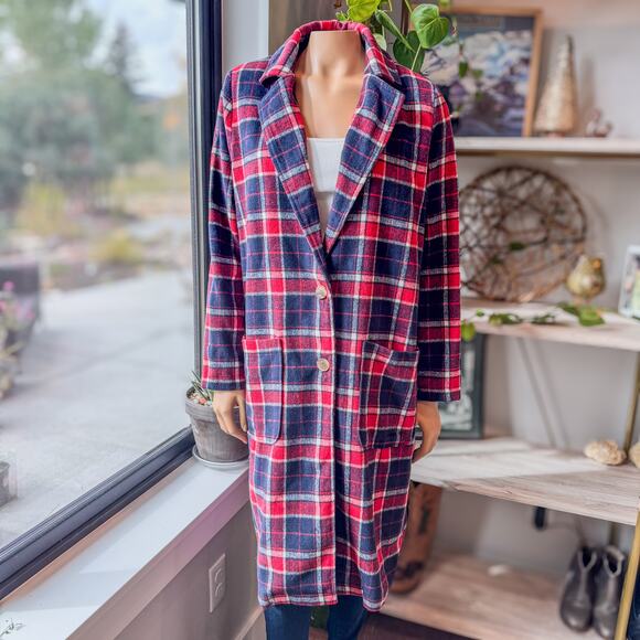 Hem & Thread Red & Navy Plaid Flannel Trench Style Coat Jacket, Women's Small - Picture 2 of 10